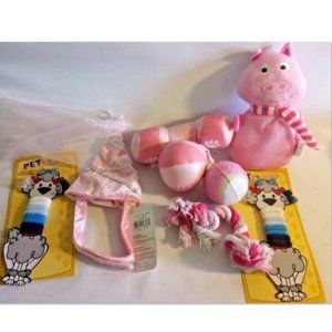 NWT Cute pink bundle of dog balls toys hair bows pig